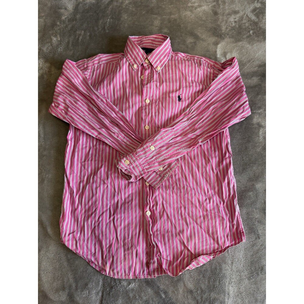 Ralph Lauren Boys Button Down Shirt Size M 10-12 Red/Grey/White Long Sleeve Pony